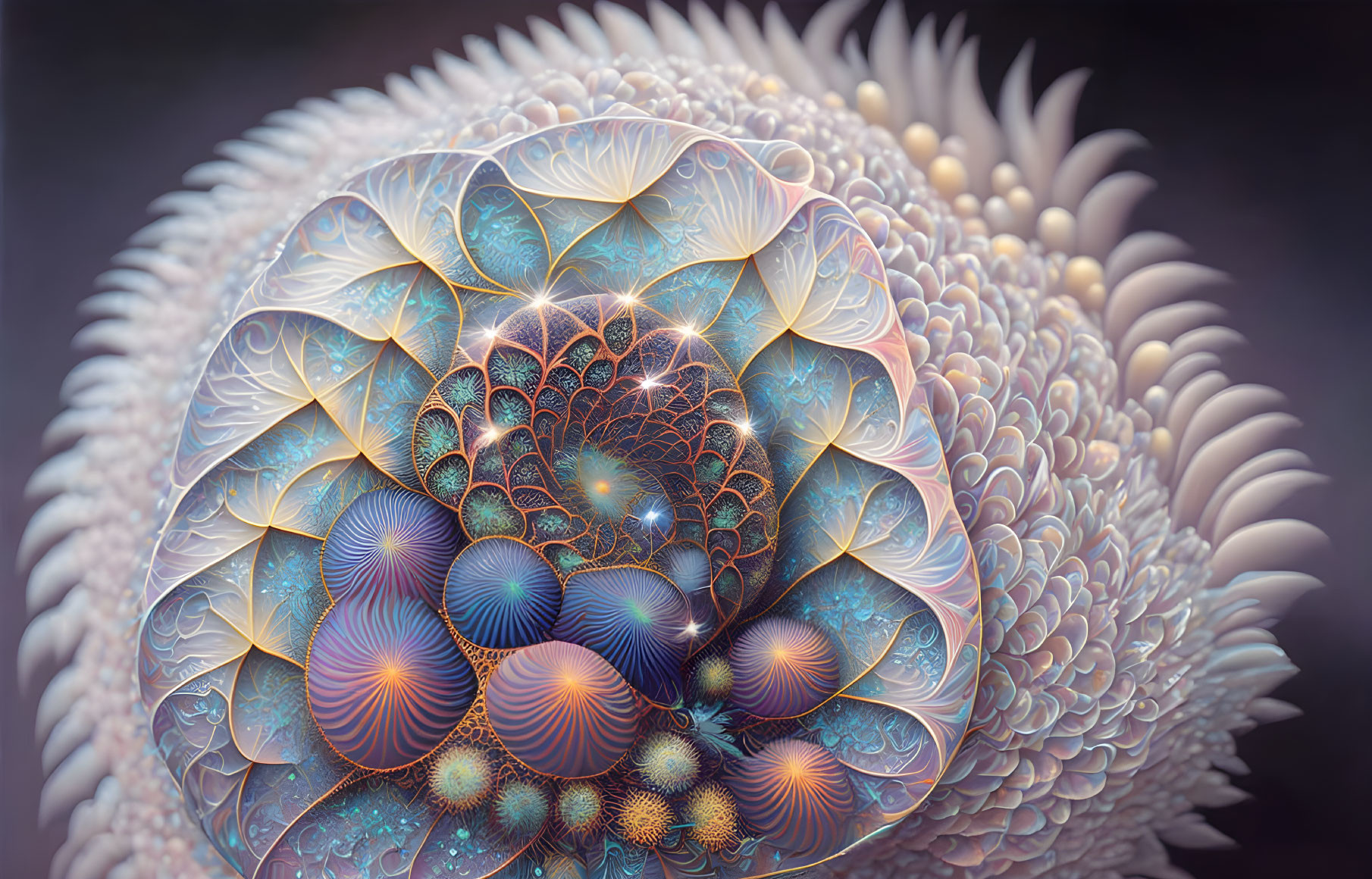 Intricate fractal-like spherical flower with iridescent shades