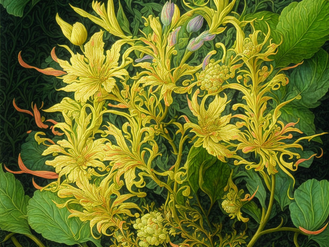 Detailed Tapestry-Like Botanical Design of Yellow Ornate Flowers