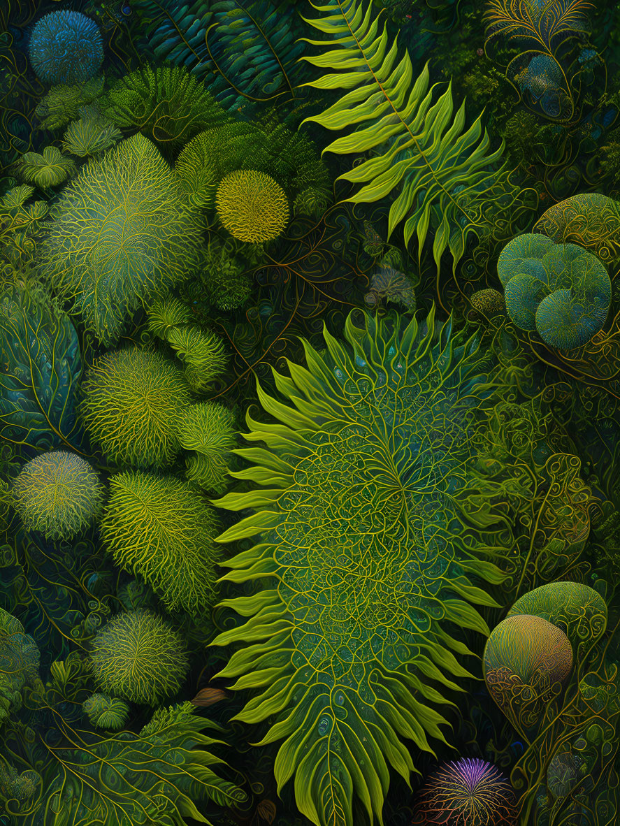 Colorful digital artwork showcasing stylized green foliage and intricate organic patterns.