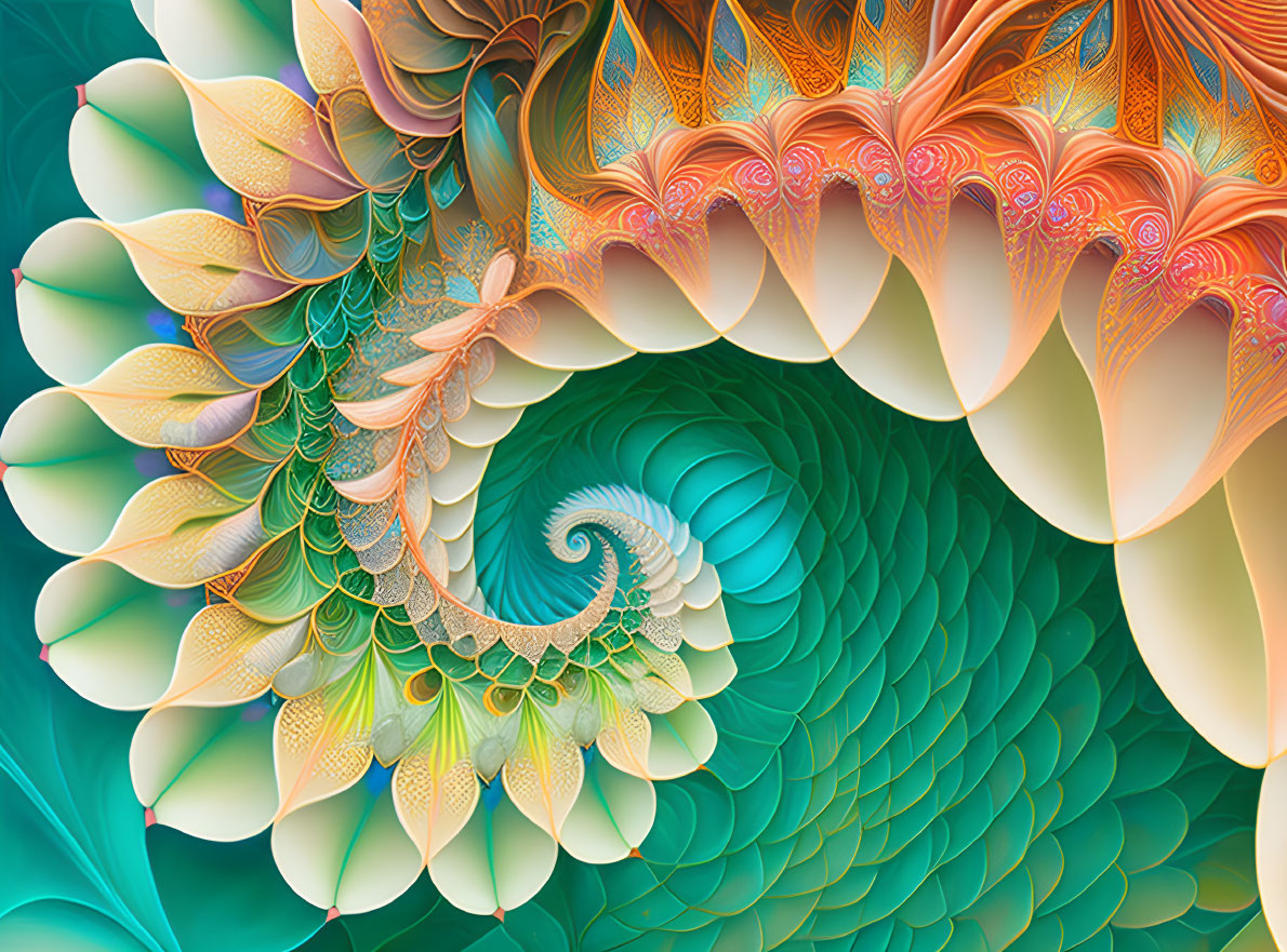 Colorful Fractal Image with Spiraling Feather-Like Pattern