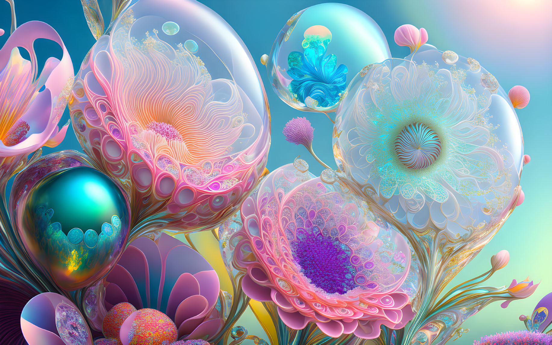 Colorful Fractal Art: Flower-like Forms on Blue Background