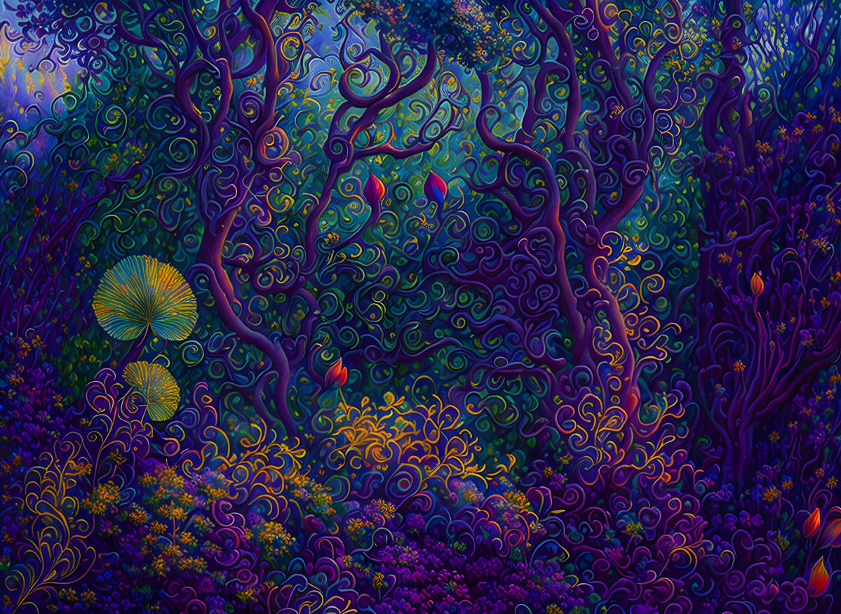 Fantasy forest with vibrant, twisted trees and colorful foliage