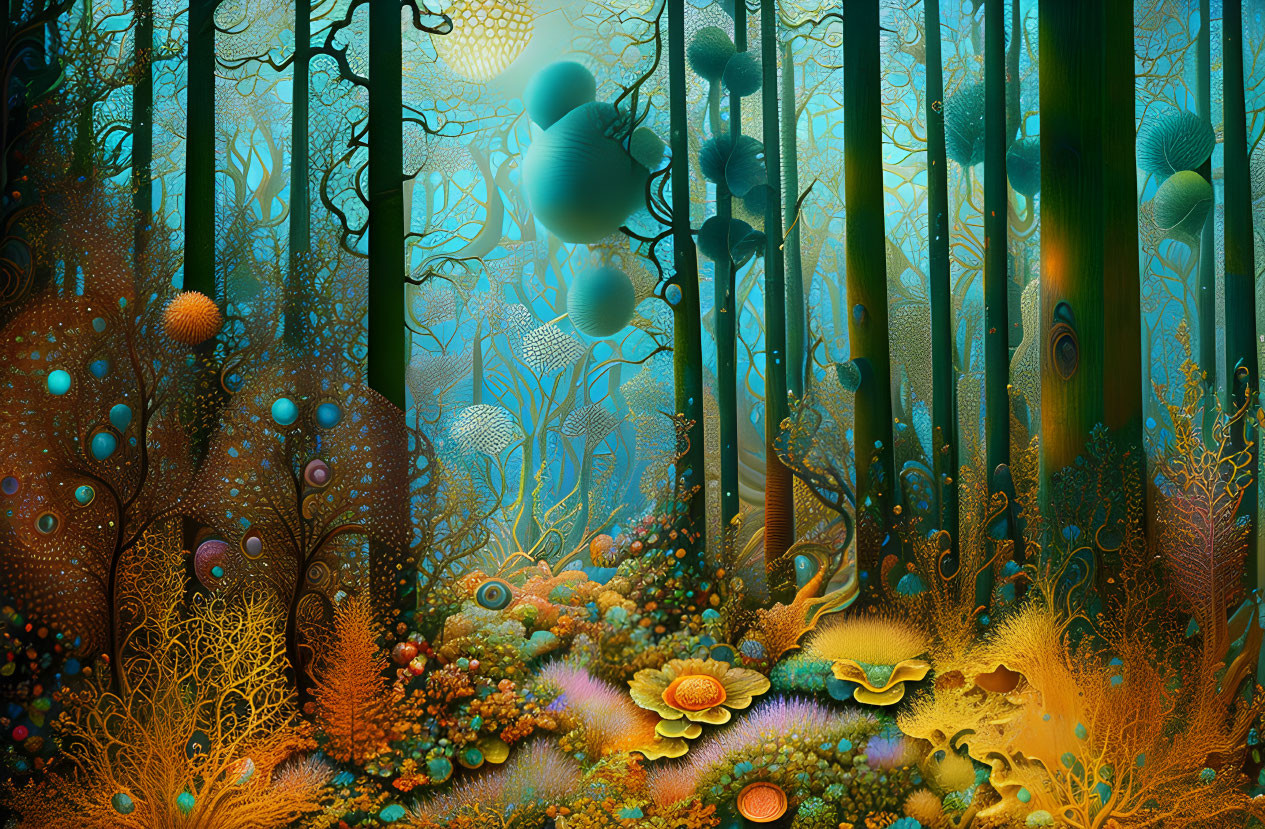 Fantastical forest with vibrant coral-like flora and bubble structures