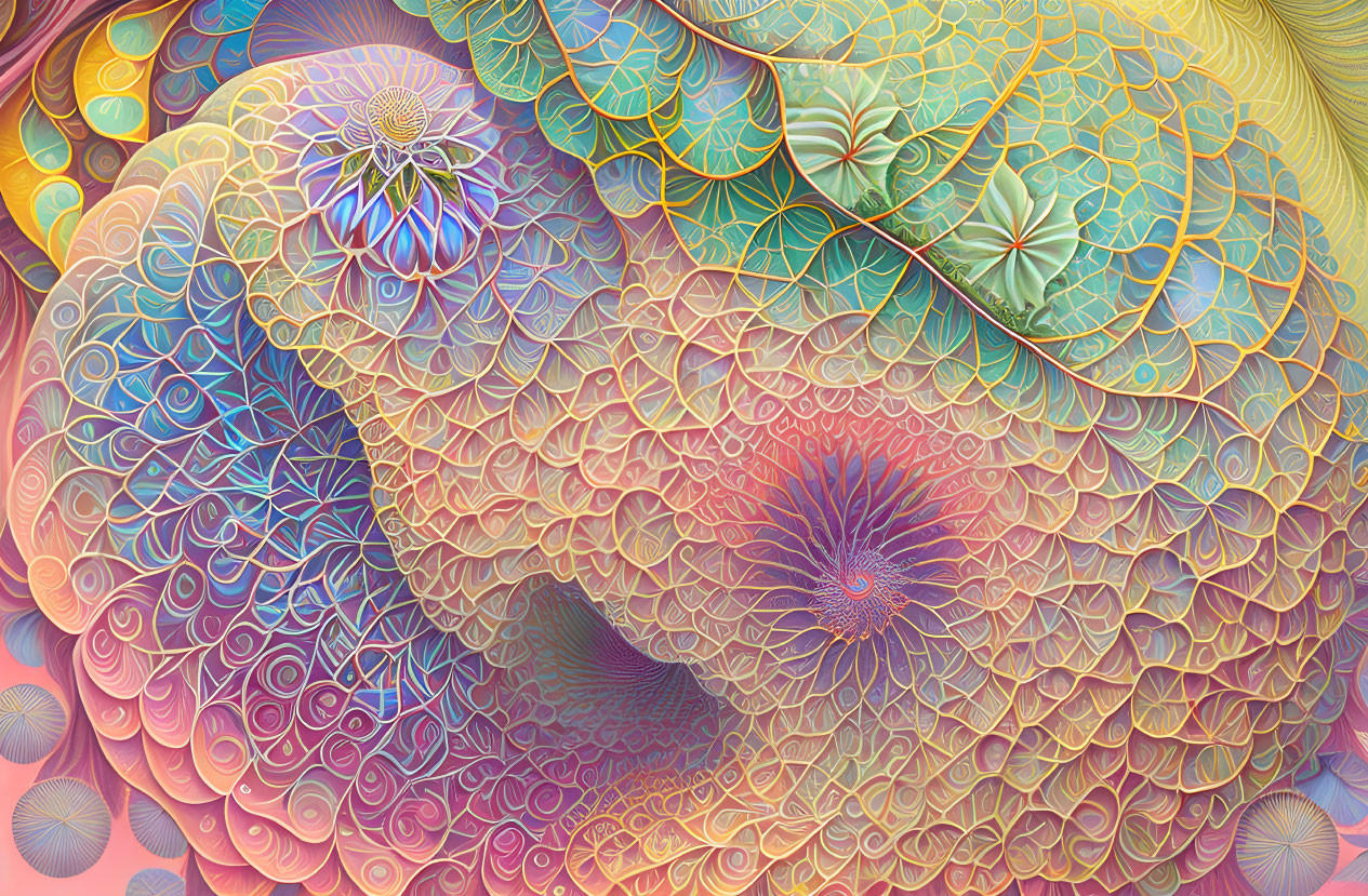 Colorful Fractal Artwork with Swirling Patterns in Warm and Cool Hues