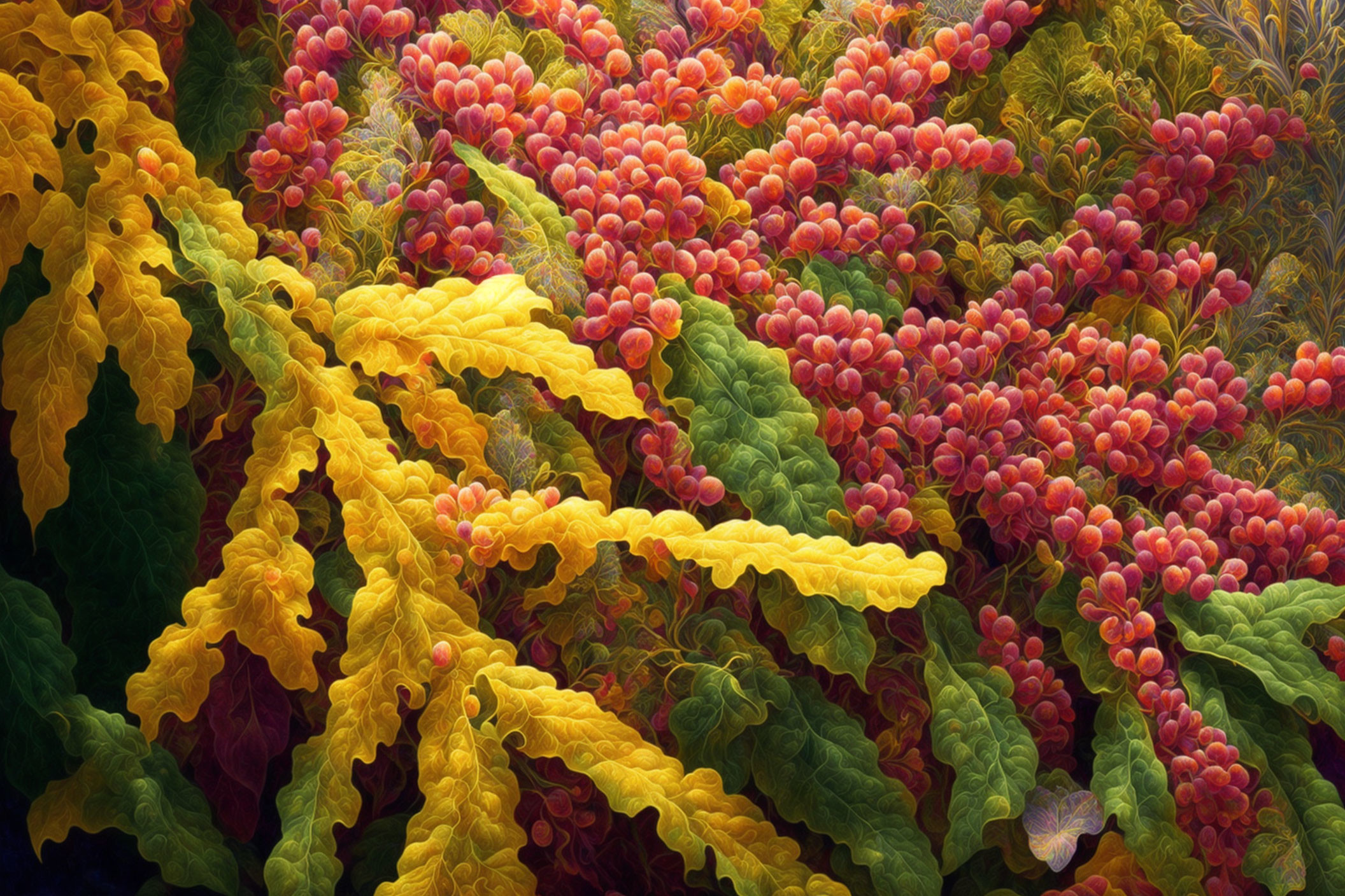 Colorful digital artwork: Stylized foliage in green, yellow, and red with berry clusters.