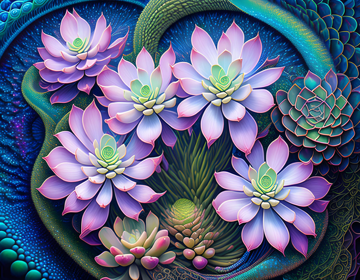 Colorful digital artwork featuring stylized lotus flowers in pink and blue with intricate green and teal patterns