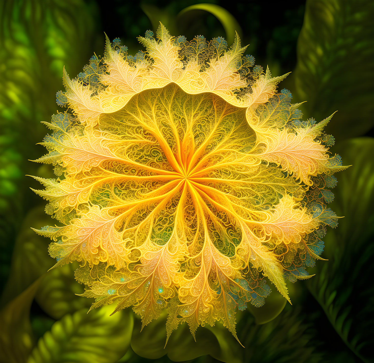 Vibrant digital fractal art: intricate yellow flower on lush green background