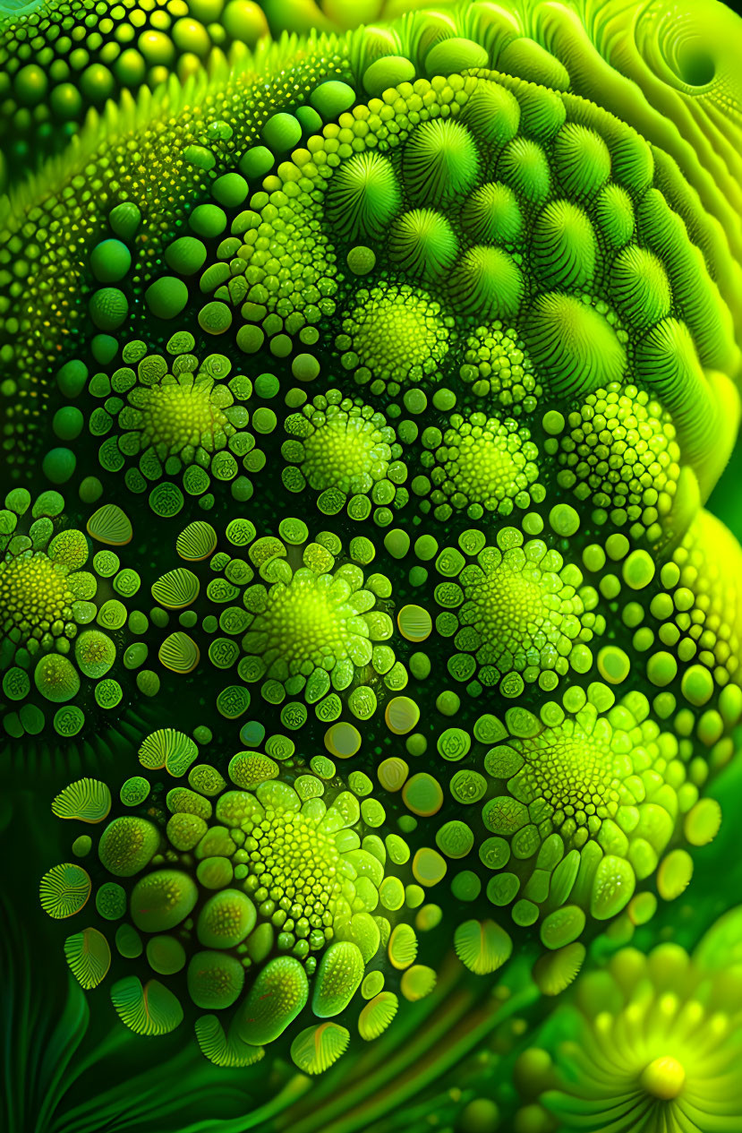 Intricate Green Fractal Design with Swirling Sphere Patterns