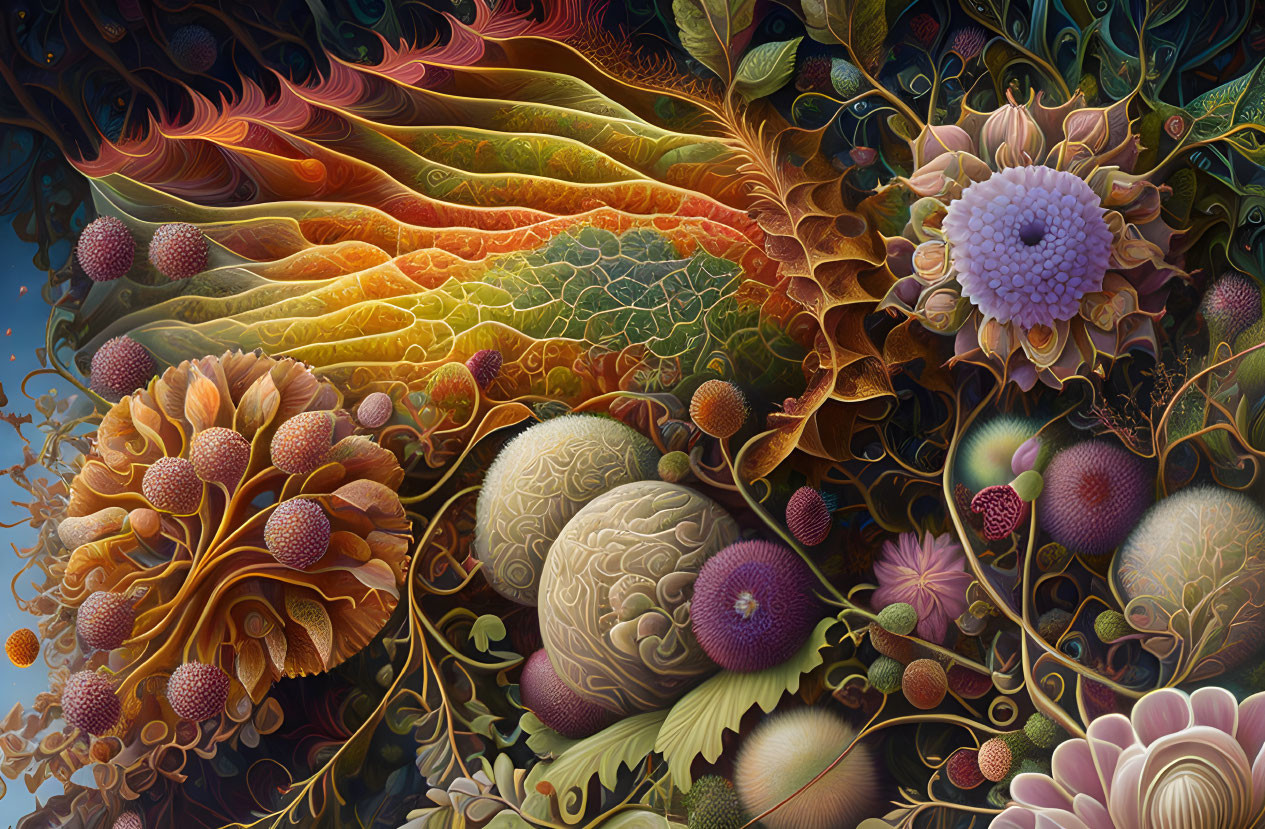 Colorful Botanical Artwork with Detailed Floral Patterns