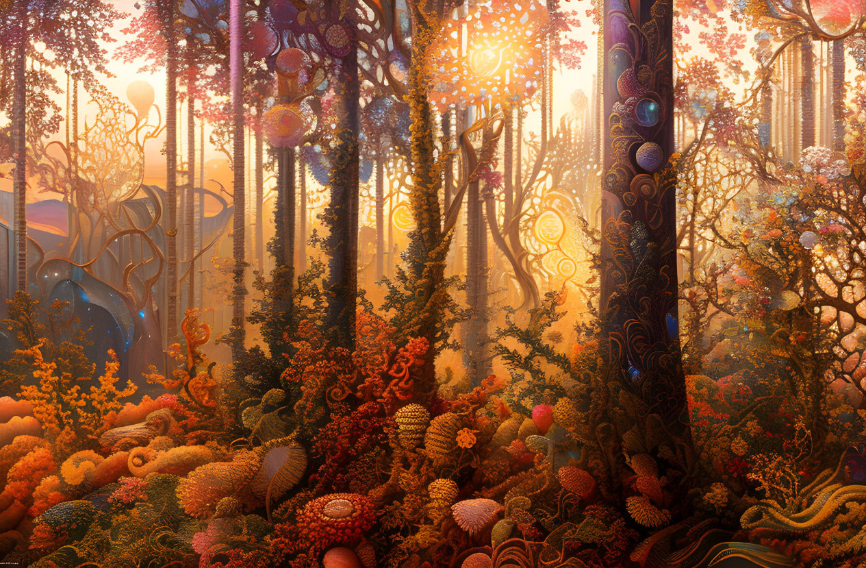 Colorful fantasy forest with intricate trees in golden sunlight