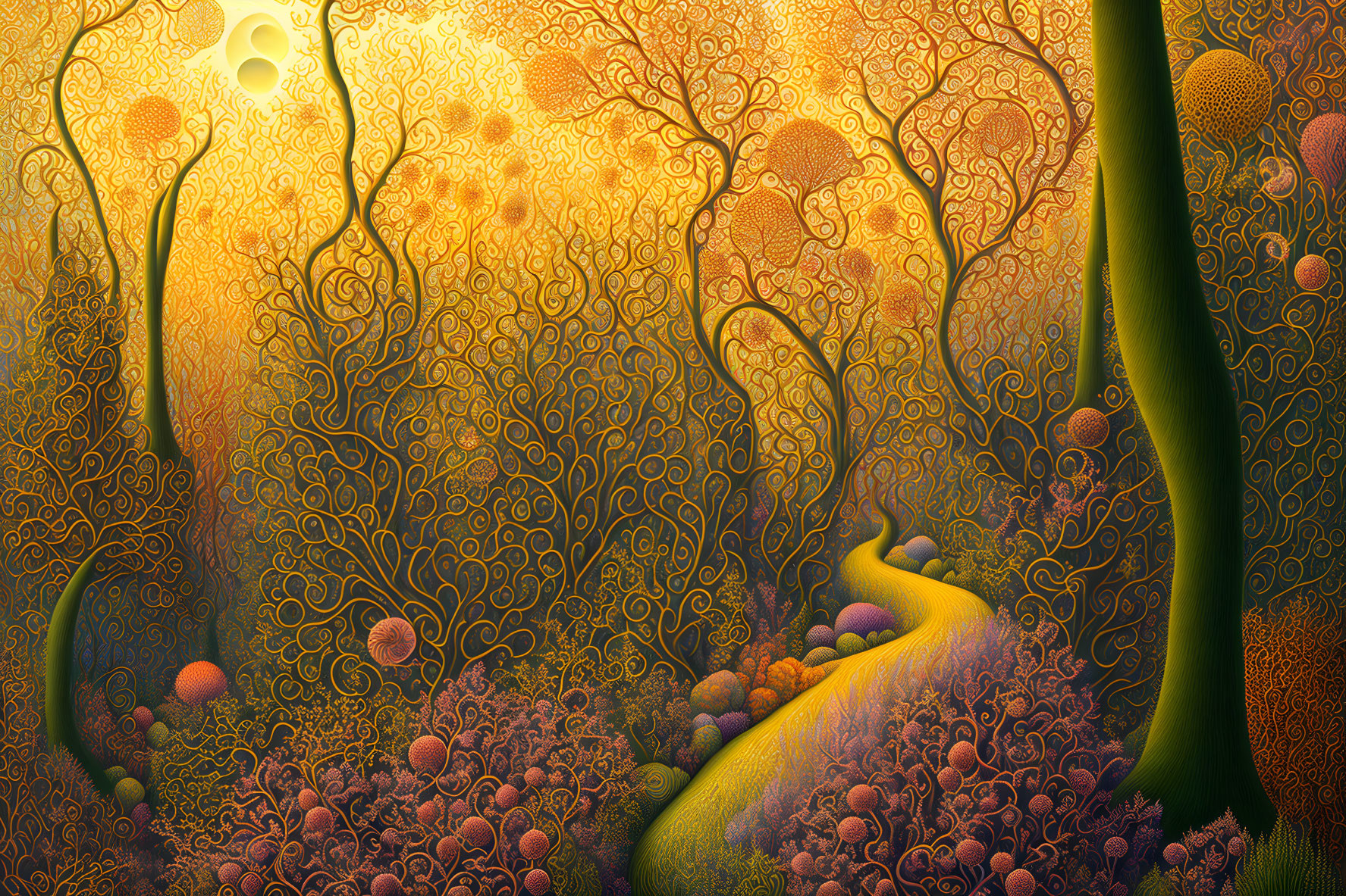 Colorful Fantasy Landscape with Swirling Trees, River, and Glowing Orbs