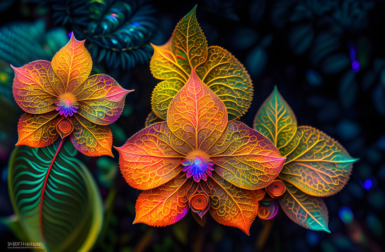 Colorful Stylized Leaves Artwork with Luminescent Glow