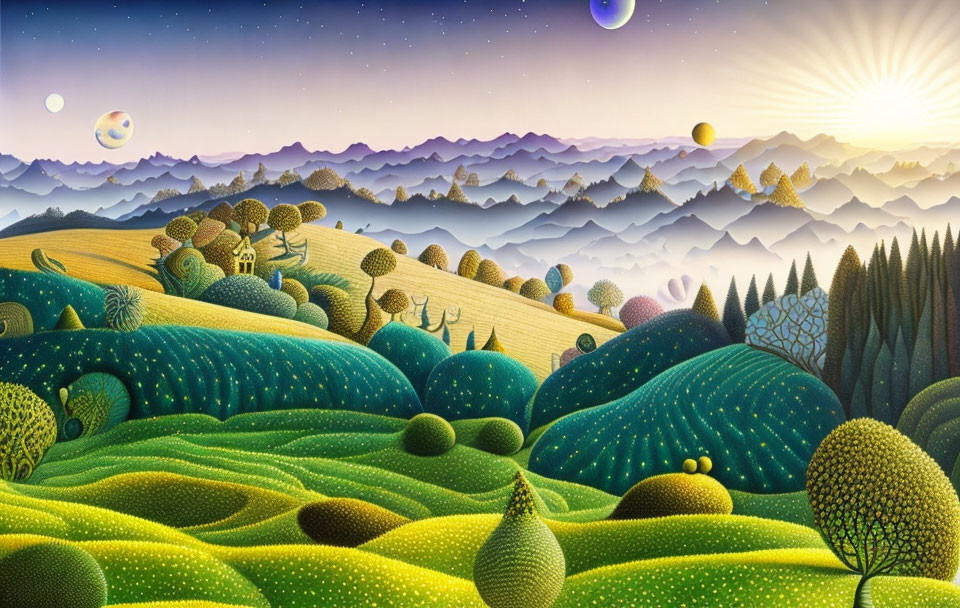 Colorful landscape painting with rolling hills, whimsical trees, starry sky, and radiant sunrise.