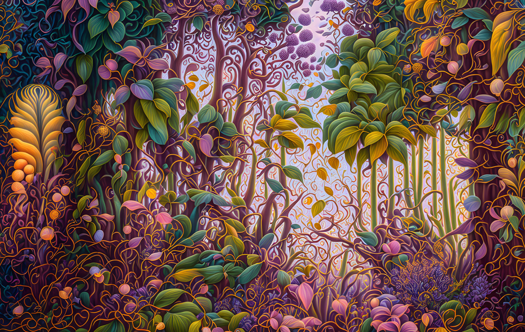 Colorful Jungle Illustration with Intricate Foliage Patterns