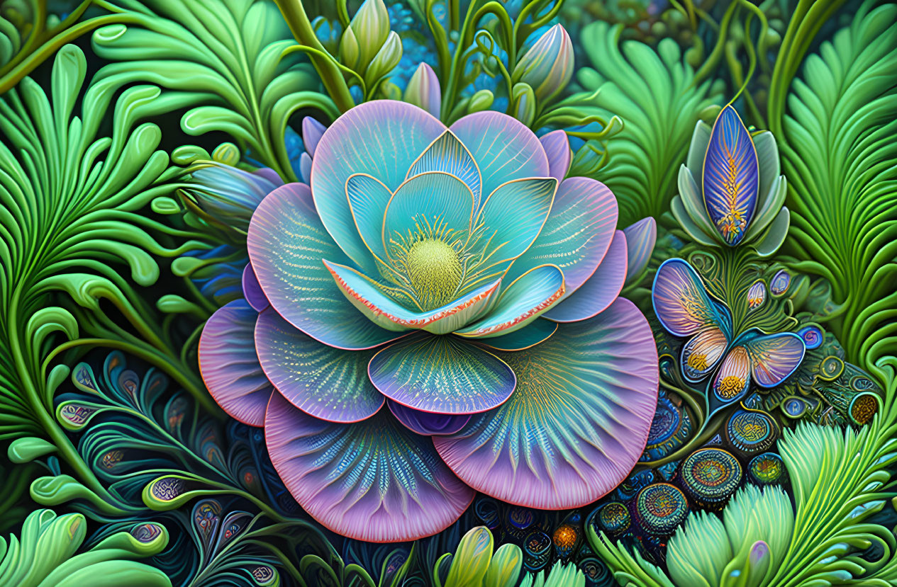 Colorful digital artwork: stylized lotus bloom with iridescent petals, surrounded by foliage and