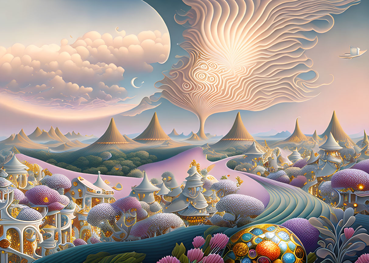 Surreal landscape with ornate structures and swirling sky