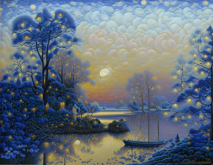 Vibrant painting of blue trees, river, boat, and moonlit sky