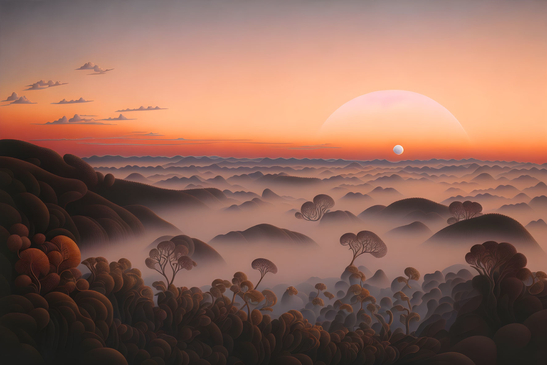 Surreal landscape with rolling hills, fantastical trees, and hazy sky