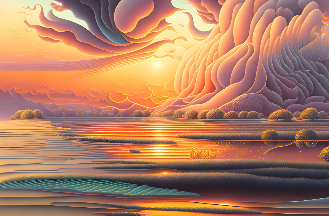 Surreal landscape with layered hills, trees, and stylized sun reflecting warm sunset.