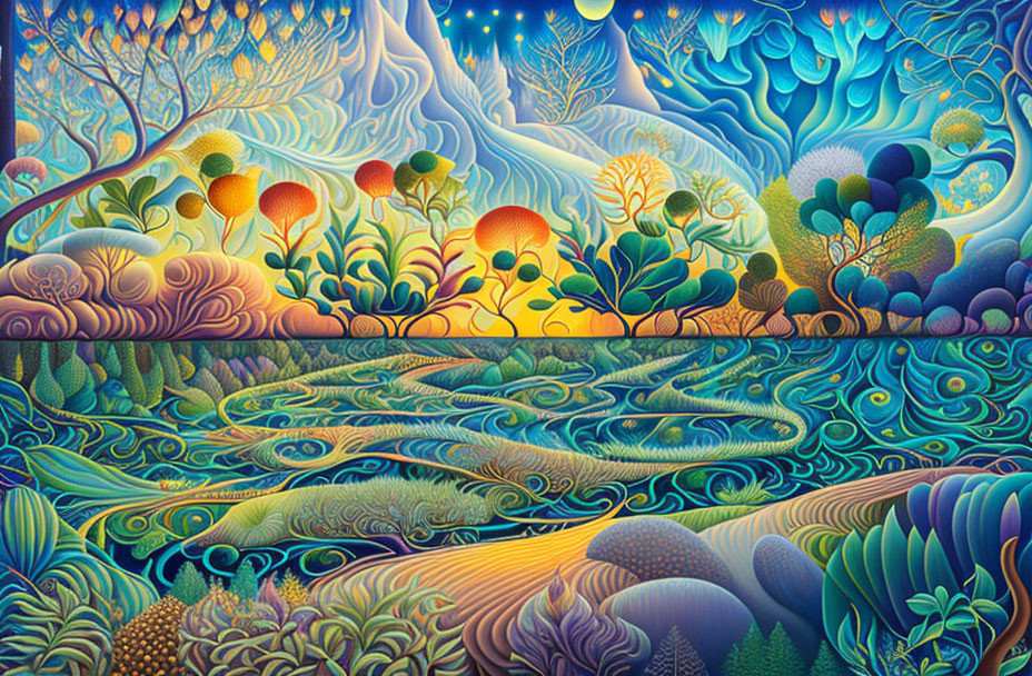 Colorful Landscape with Stylized Trees, River, and Starry Sky