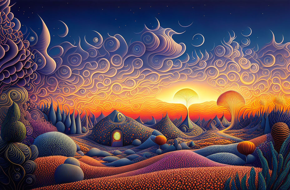 Colorful Psychedelic Landscape with Celestial Bodies and Fantasy Dwelling