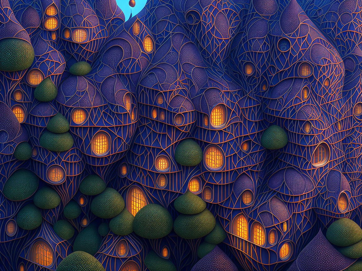 Surreal landscape featuring patterned hills, glowing orbs, and intricate blue designs on dark background