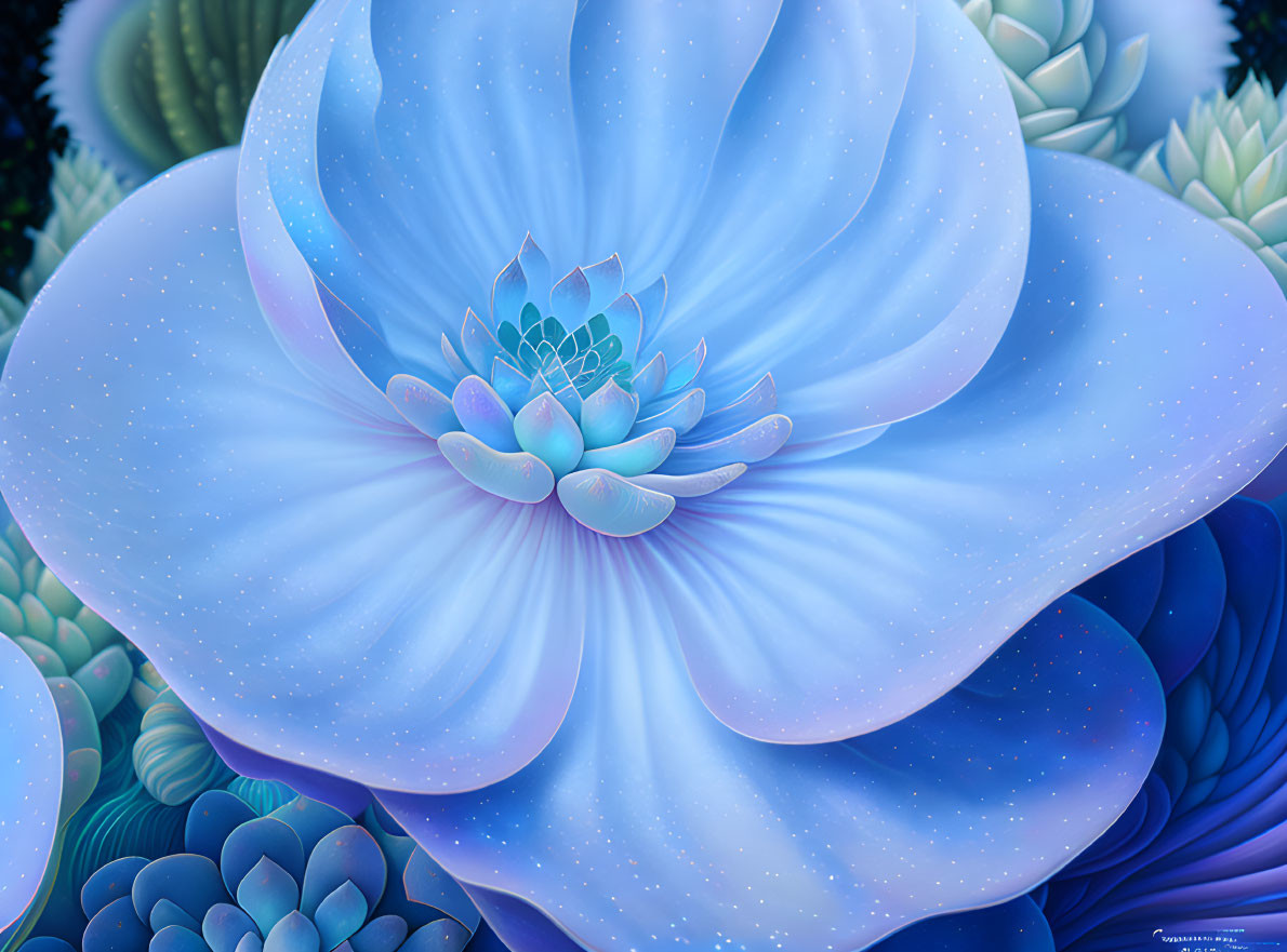 Vibrant blue flower digital artwork with gradient petals and succulents