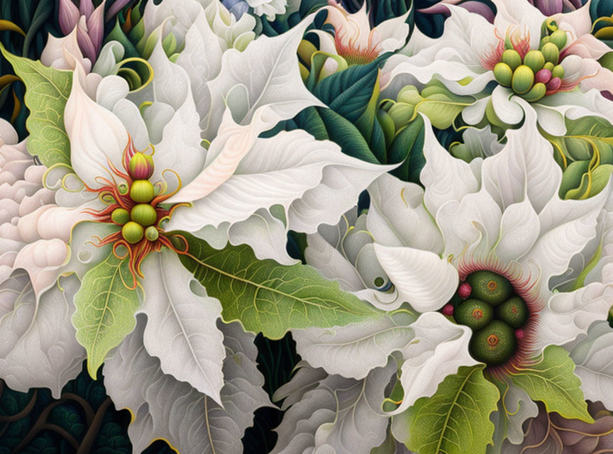 Detailed Stylized Image: White Flowers & Green Leaves with Fantastical Patterns