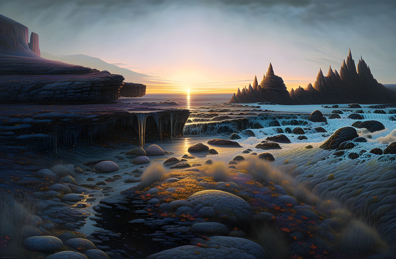 Picturesque Rocky Beach Sunset with Unique Geological Formations