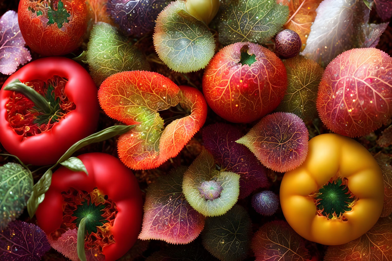 Ripe tomatoes on multicolored leaves with intricate vein patterns