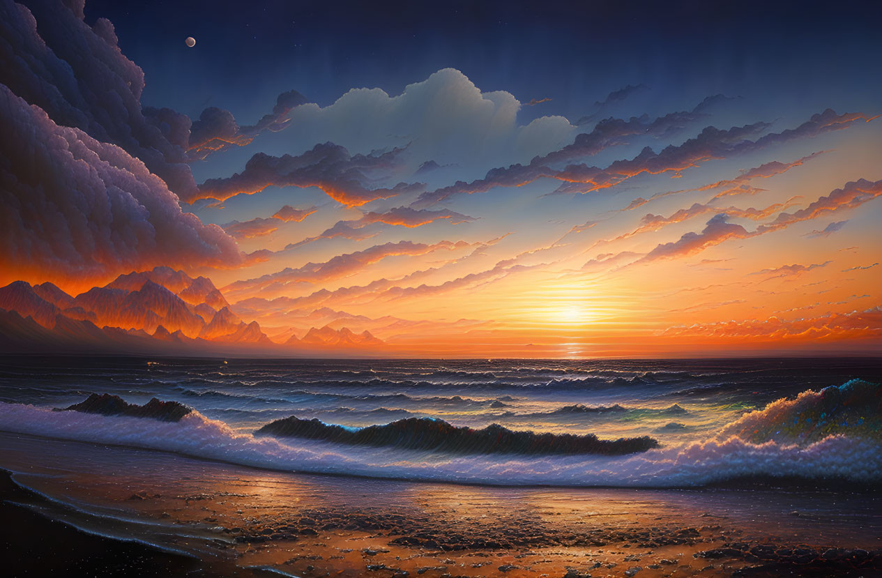 Scenic ocean sunset with waves, sandy shore, dramatic clouds, and crescent moon