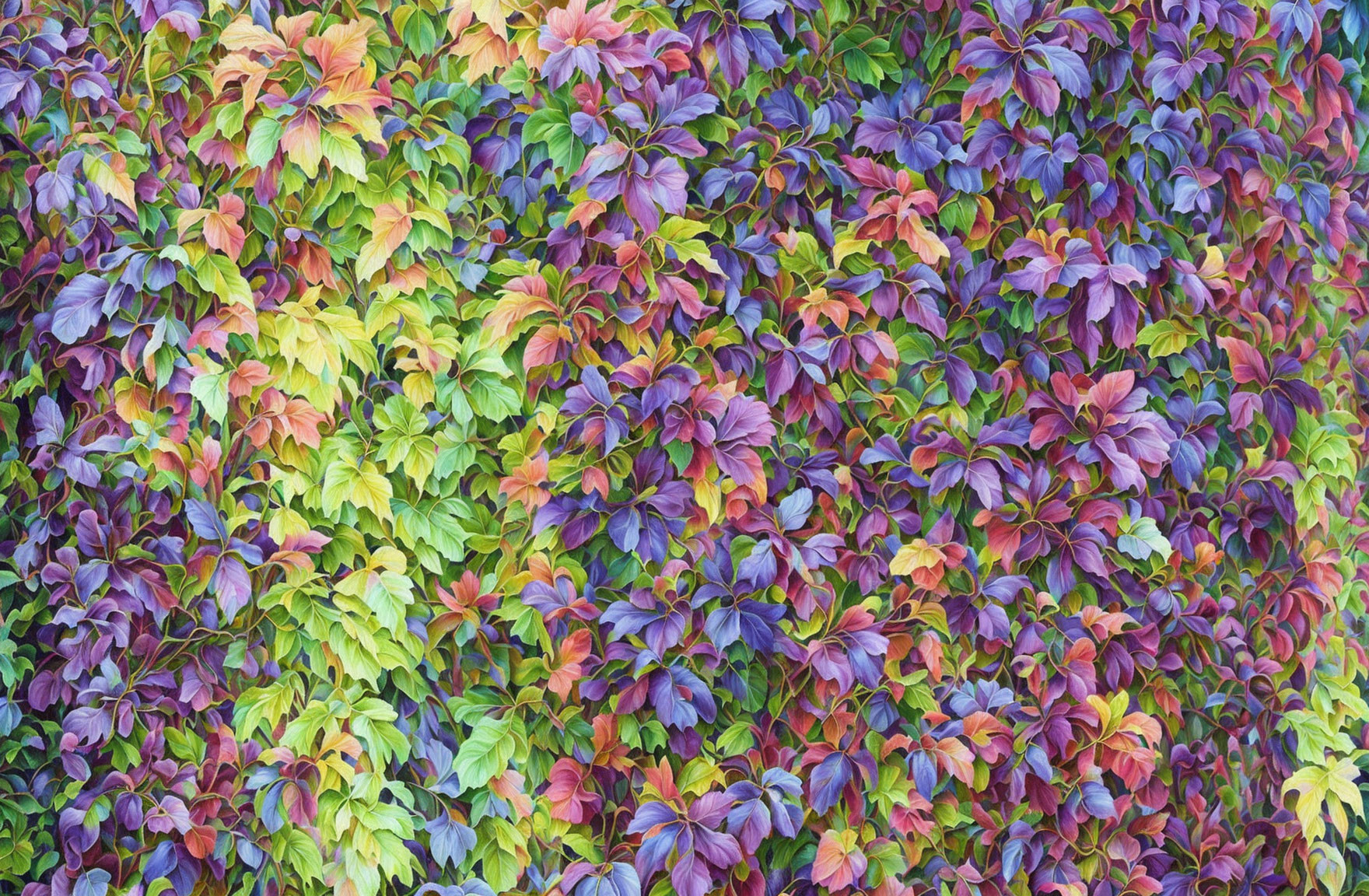 Colorful Foliage Wall with Purple, Green, and Red Leaves