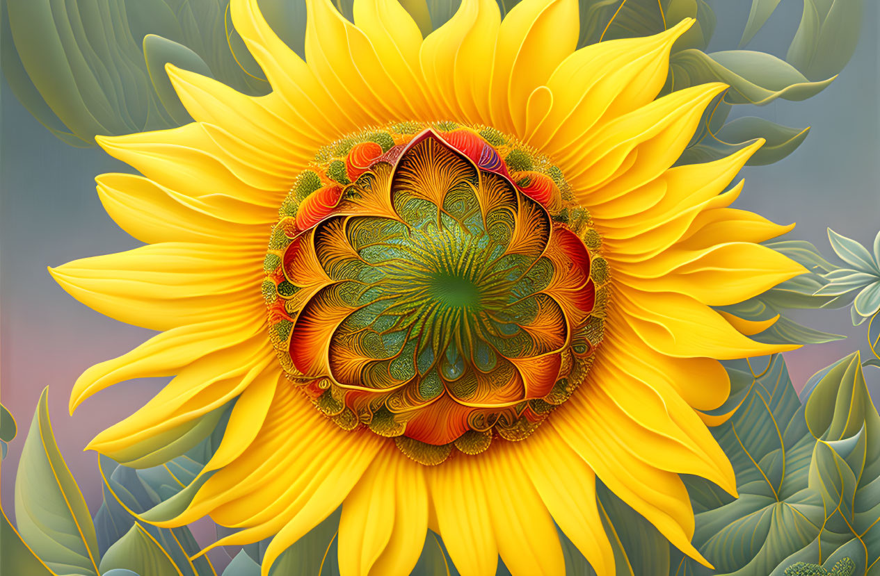 Vibrant sunflower with fractal-like center on green leaf background