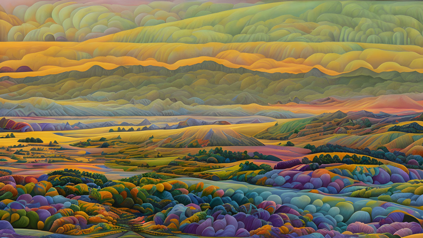 Colorful surreal landscape painting with rolling hills and mountains in warm hues