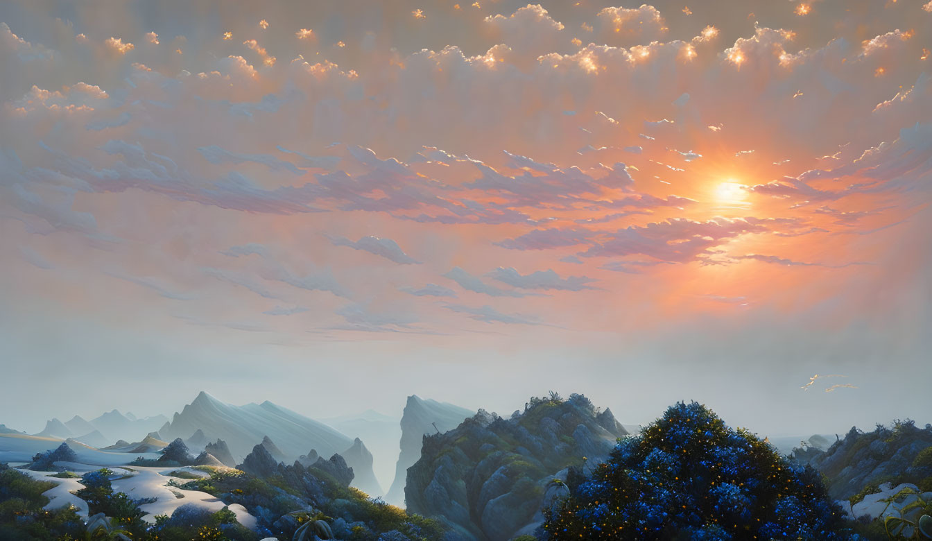 Tranquil sunrise landscape with pink clouds, misty mountains, and blue-flowered tree