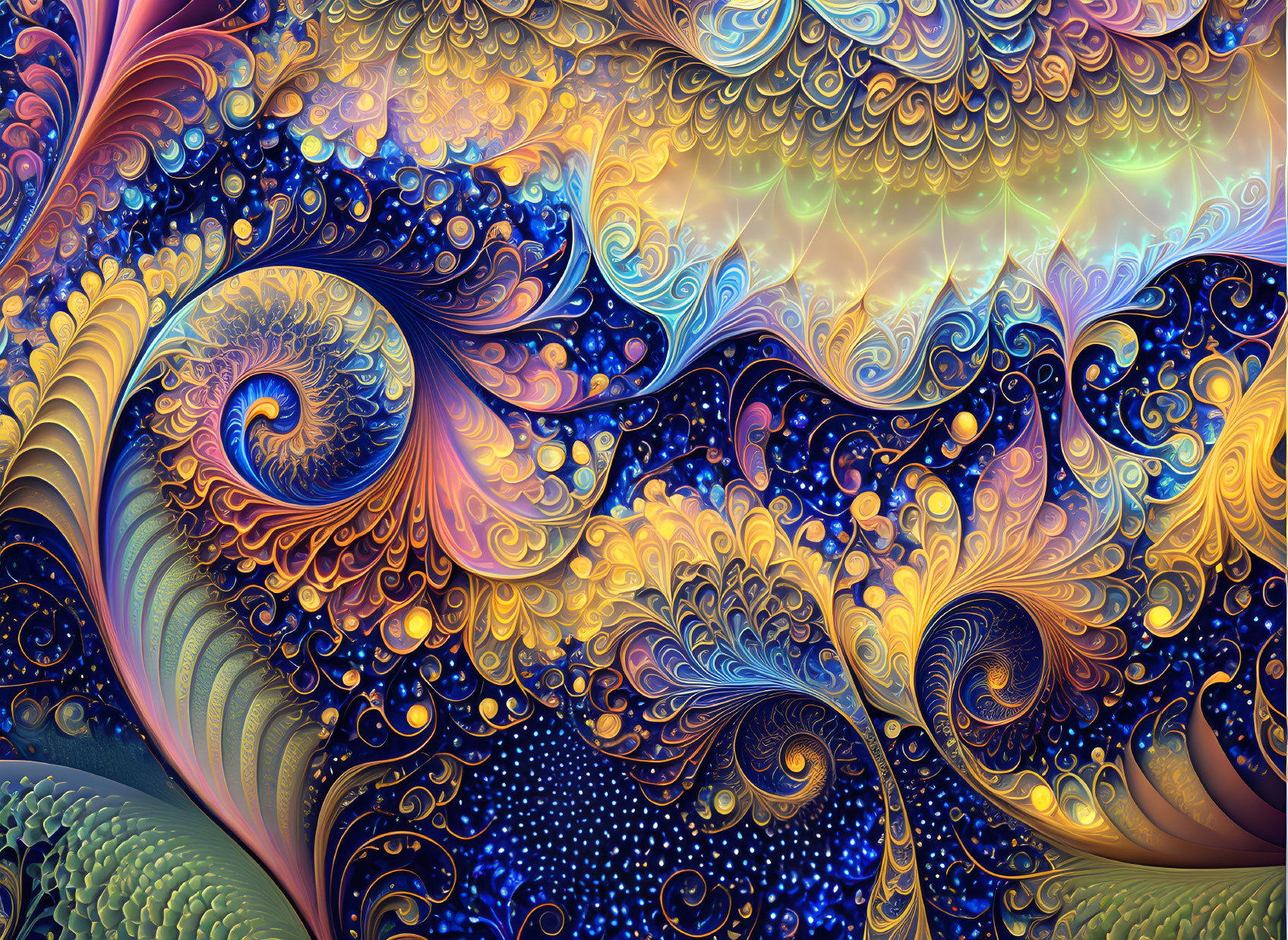 Colorful Fractal Art: Swirling Patterns in Blues, Golds, and Purples