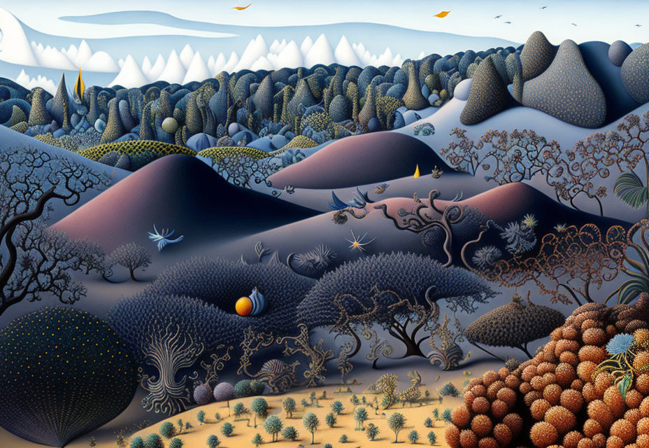 Patterned hills, intricate trees, and spheres in surreal landscape