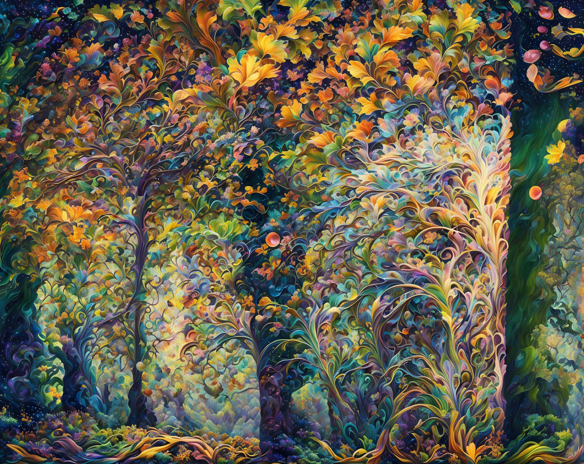 Colorful swirling tree painting with magical orbs and mystical glow