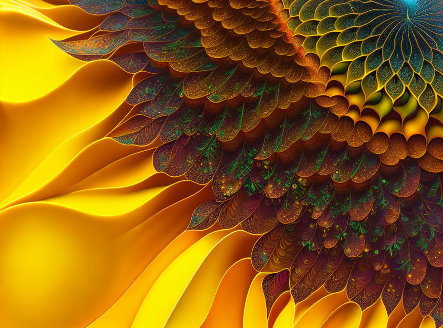 Colorful fractal art: orange to teal with leaf-like patterns