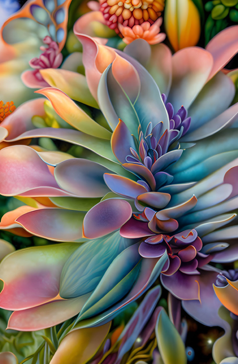 Colorful surreal succulent artwork with smooth gradient of purples, blues, oranges, and yell