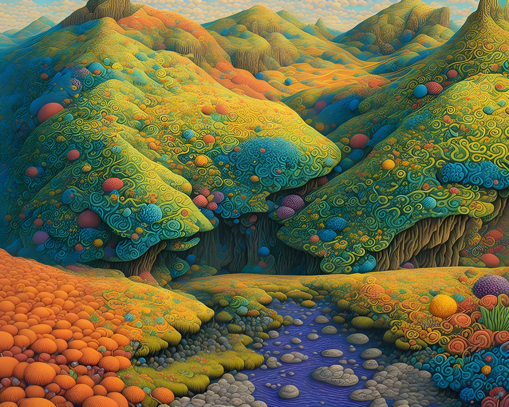 Colorful Psychedelic Landscape with Swirling Patterns