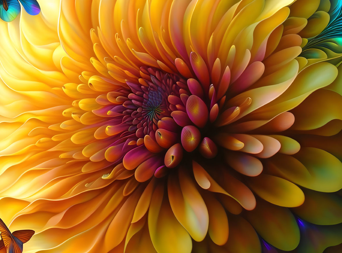 Abstract layered flower digital art with vibrant orange, yellow, and red hues.