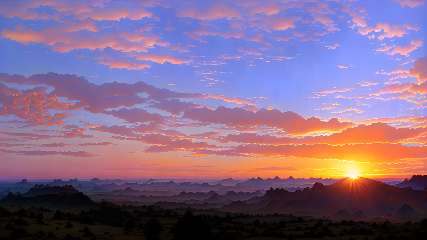 Vibrant sunset panorama with orange and pink clouds over mountains