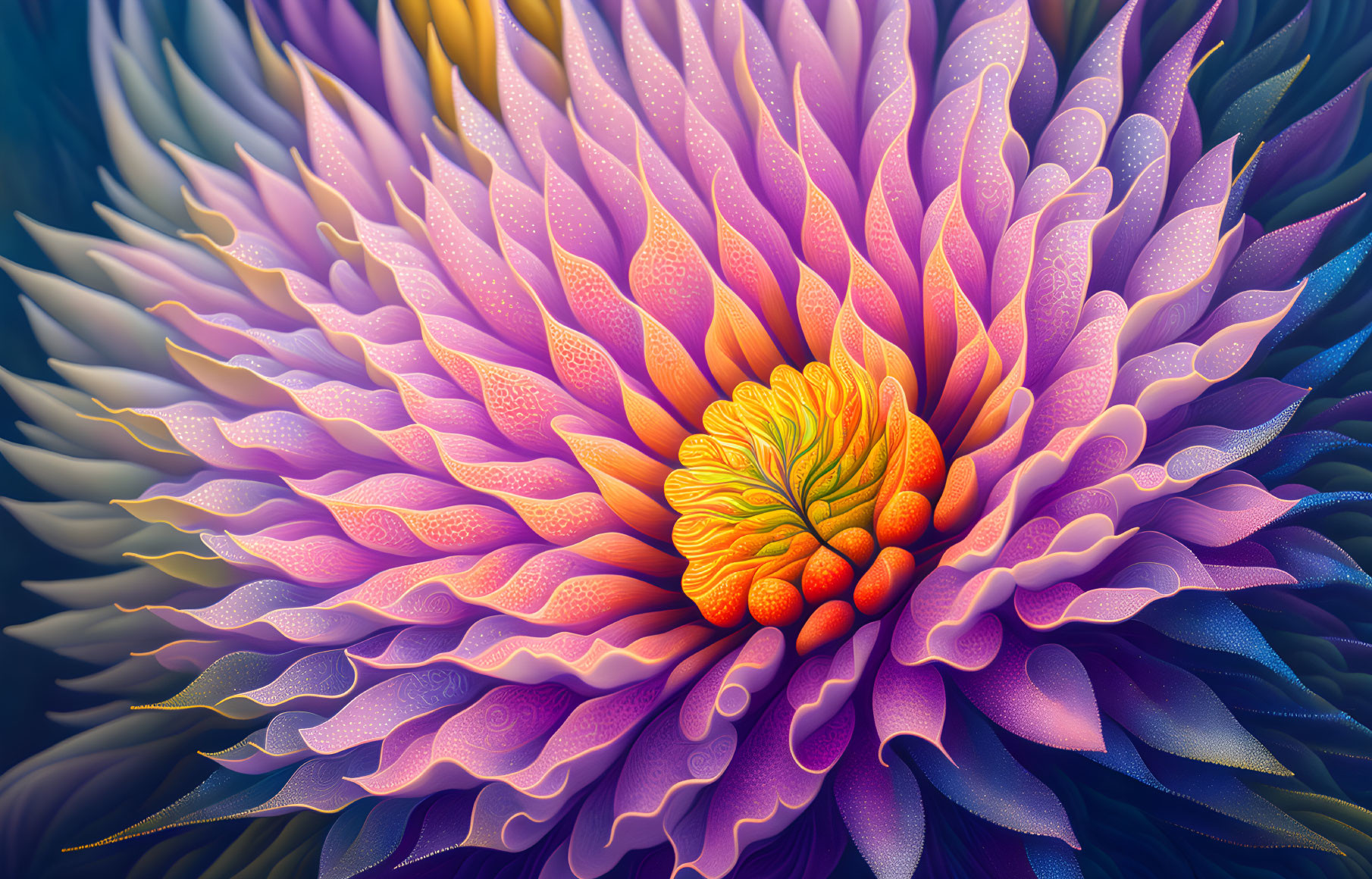 Detailed Digital Artwork: Fantastical Flower with Purple and Blue Petals