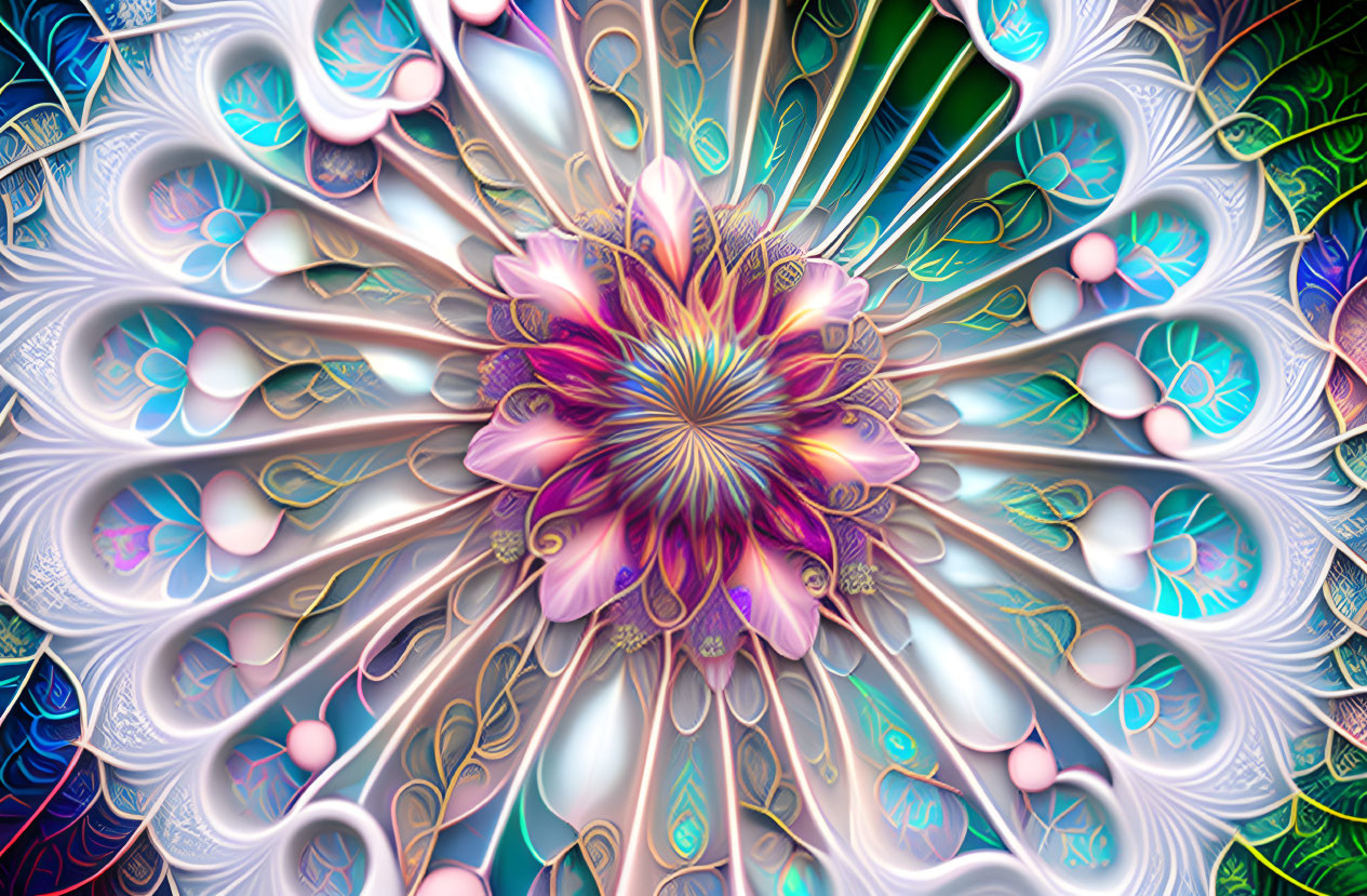 Symmetrical Flower-Like Fractal Art in Blue, Pink, and Green