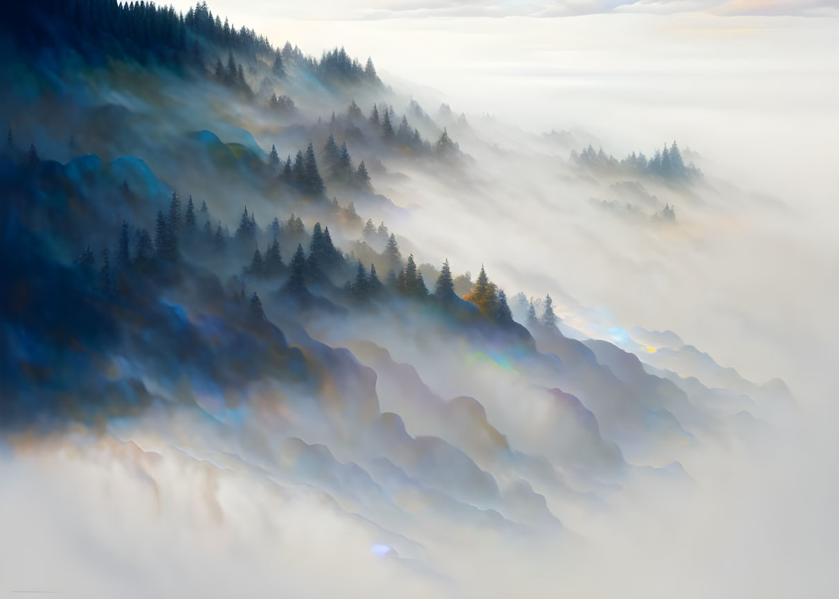 Tranquil misty mountains with layers of trees in foggy landscape