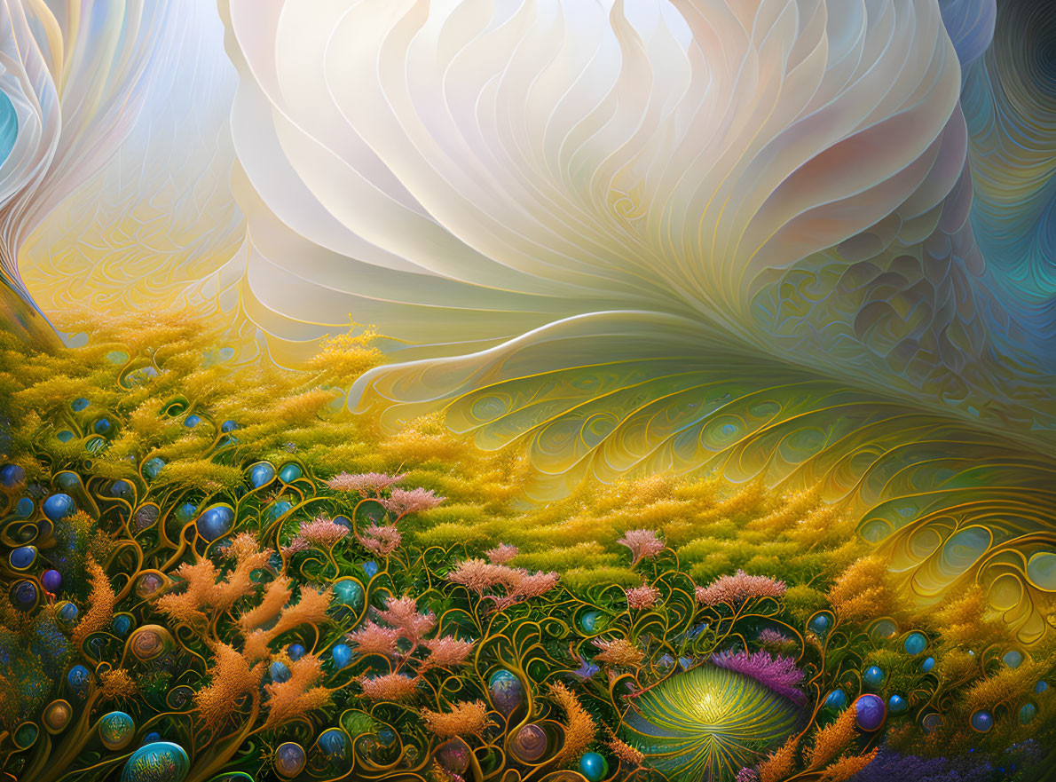 Colorful digital artwork: intricate fractal patterns in gold, green, and blue with surreal foliage.