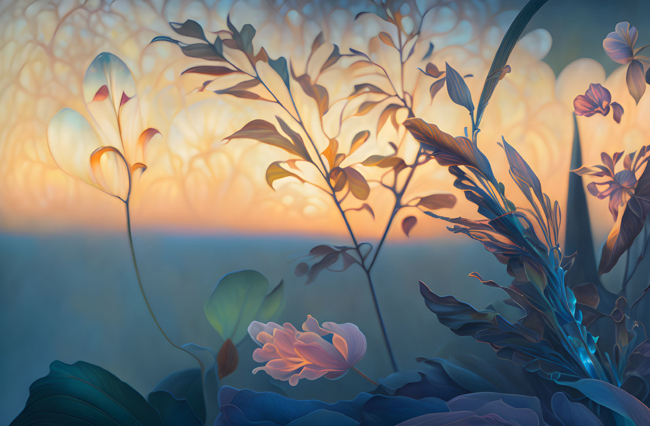 Stylized plants in dreamy sunset hues: digital artwork.