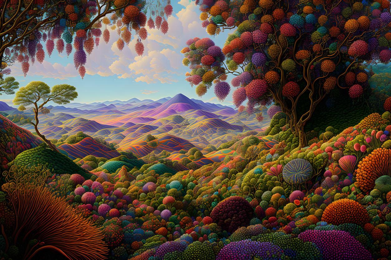 Colorful Surreal Landscape with Rolling Hills and Fantastical Trees