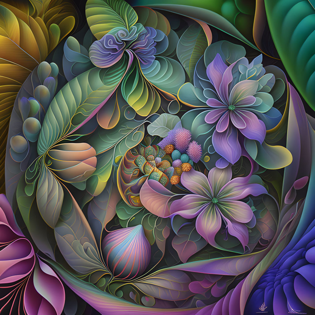 Symmetrical digital artwork of stylized flora in vibrant purples, greens, and blues